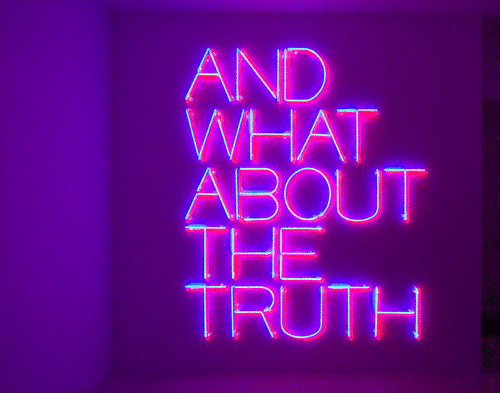 "AND WHAT ABOUT THE TRUTH" 2004  red and blue neon, daily changing, 250 x 209 cm